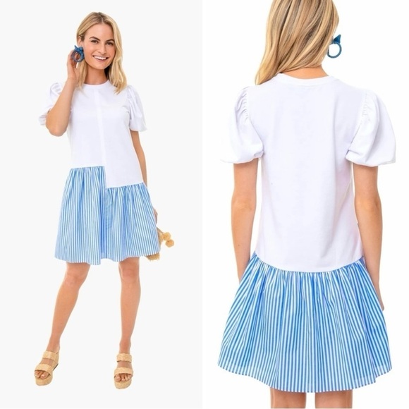 Pomander Place Roxy Short Puff Sleeve Dress Blue & White XS - Picture 1 of 7